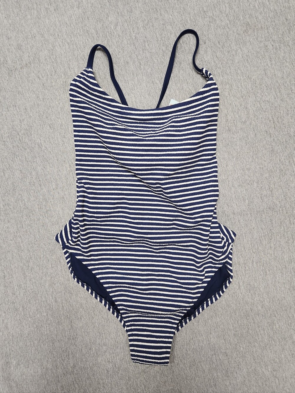 Shade & Shore Women’s Striped Pucker Cross‑Back One‑Piece Swimsuit – Dark Blue